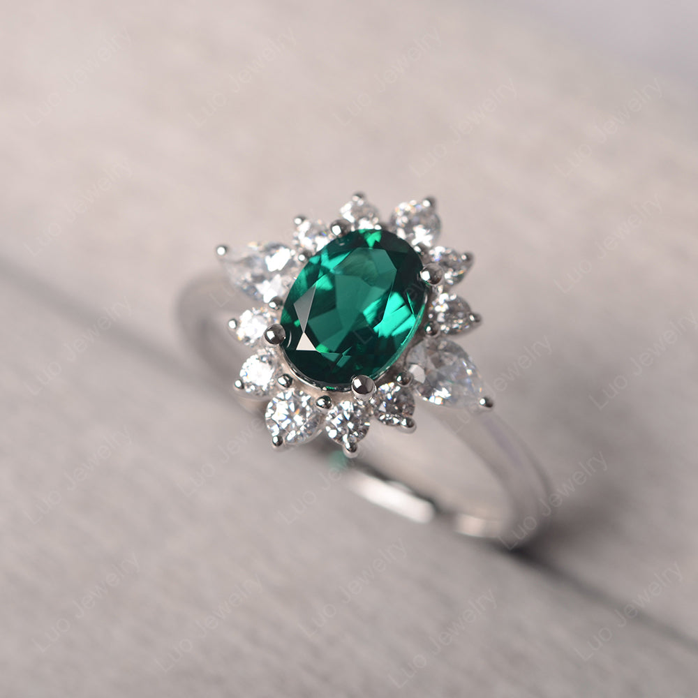 Oval Cut Lab Emerald Ring With Pear Side Stone - LUO Jewelry