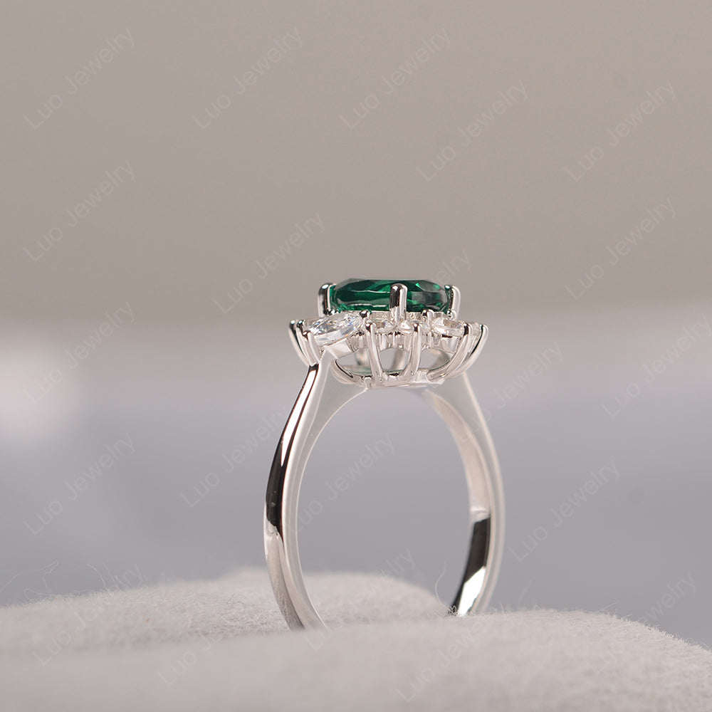 Oval Cut Lab Emerald Ring With Pear Side Stone - LUO Jewelry