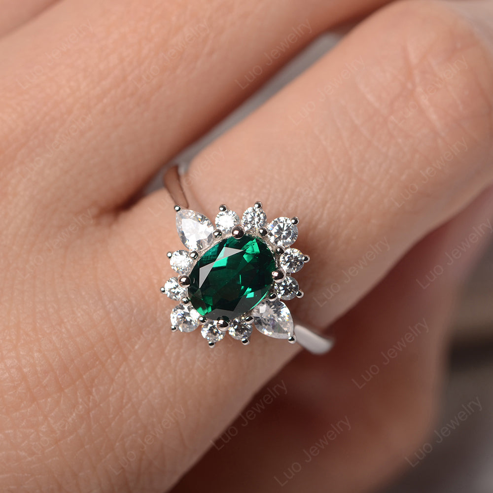 Oval Cut Lab Emerald Ring With Pear Side Stone - LUO Jewelry
