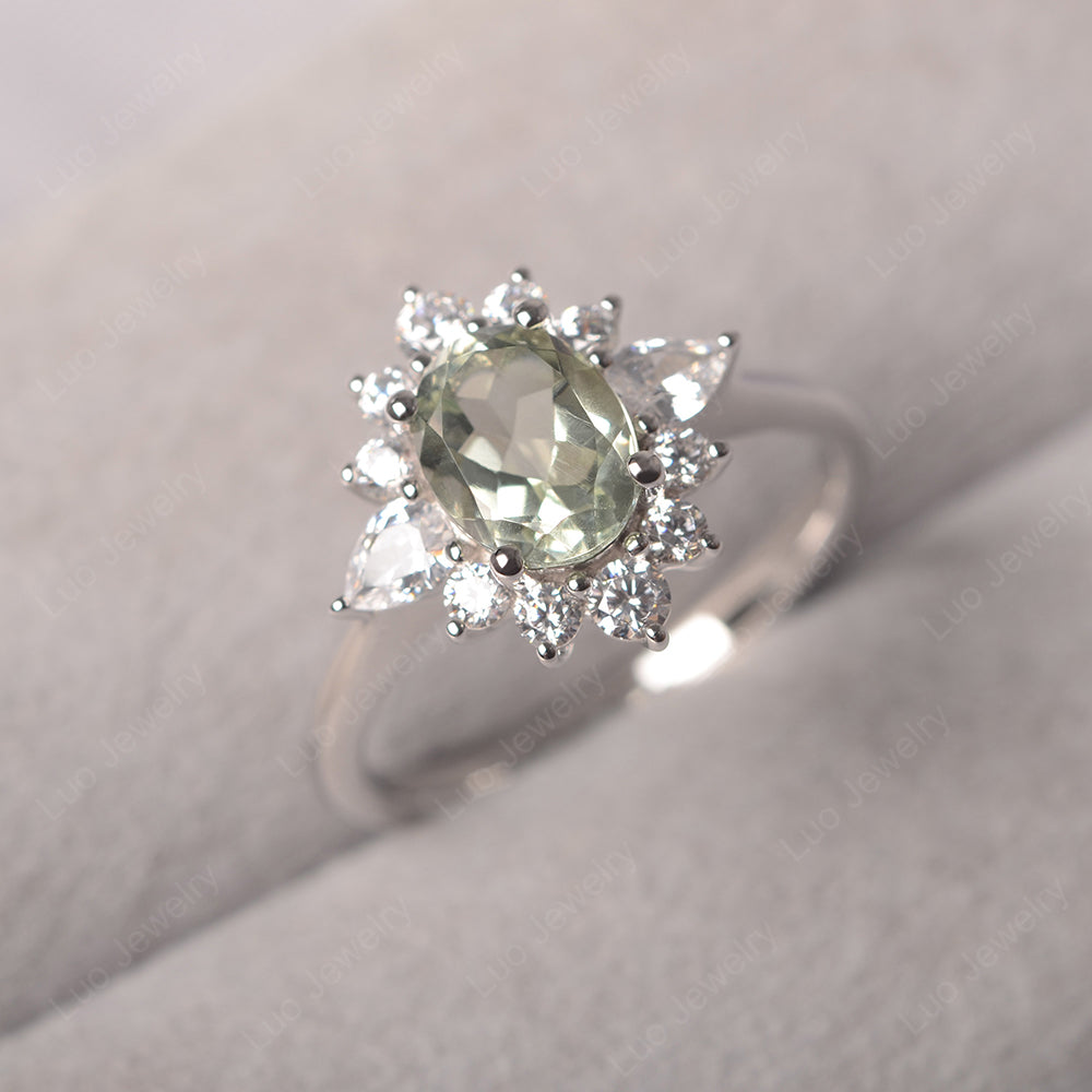 Oval Cut Green Amethyst Ring With Pear Side Stone - LUO Jewelry