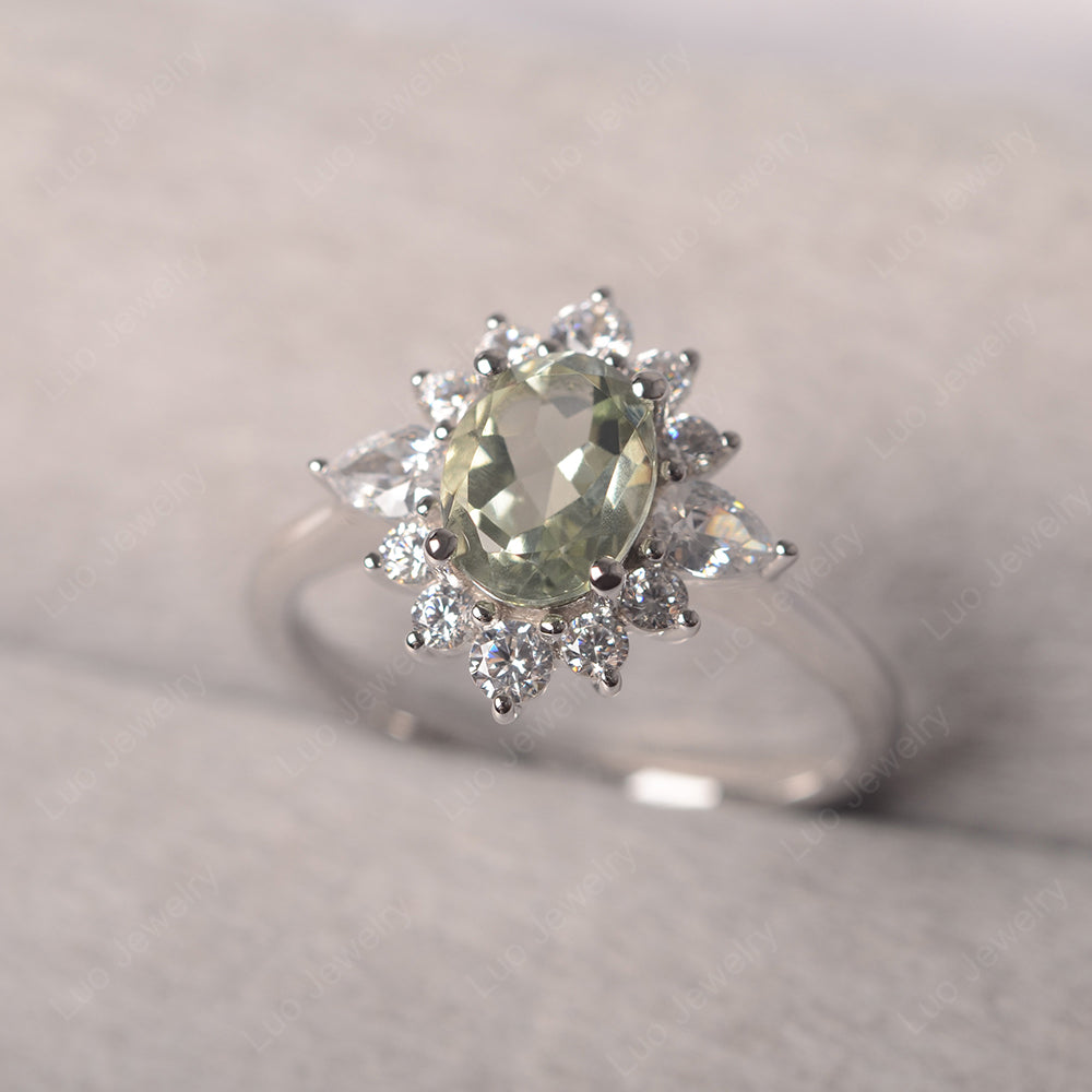 Oval Cut Green Amethyst Ring With Pear Side Stone - LUO Jewelry