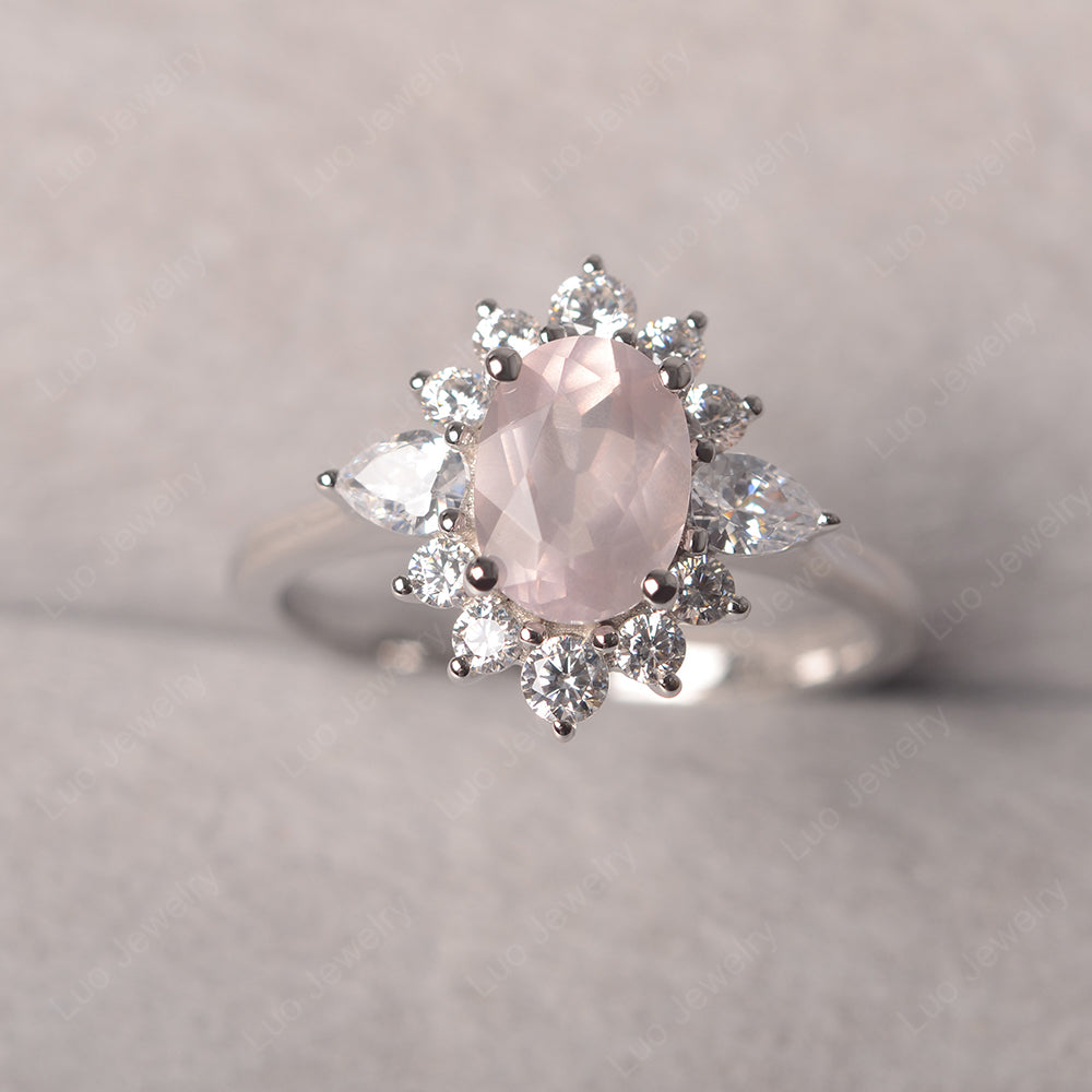 Oval Cut Rose Quartz Ring With Pear Side Stone - LUO Jewelry