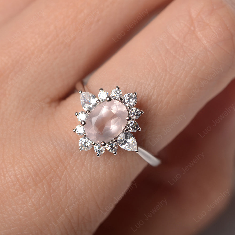 Oval Cut Rose Quartz Ring With Pear Side Stone - LUO Jewelry