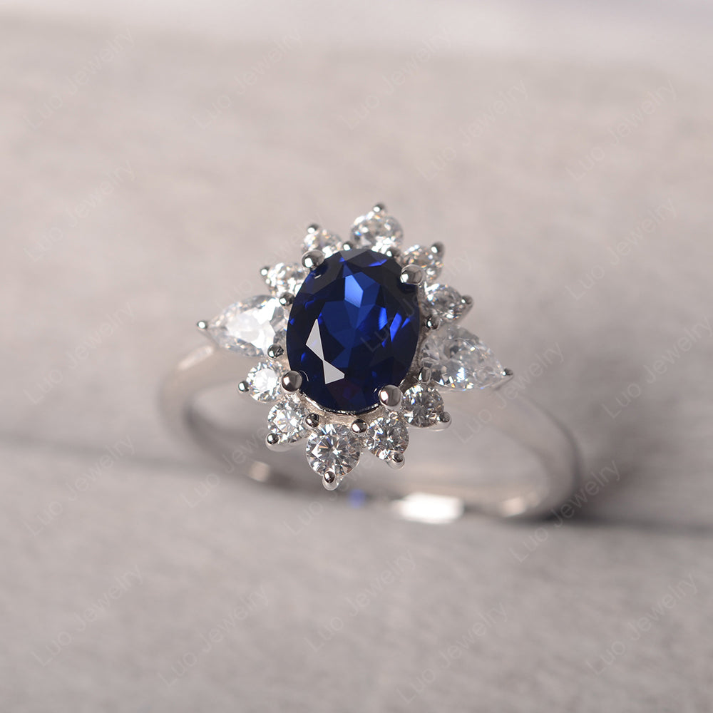 Oval Cut Lab Sapphire Ring With Pear Side Stone - LUO Jewelry