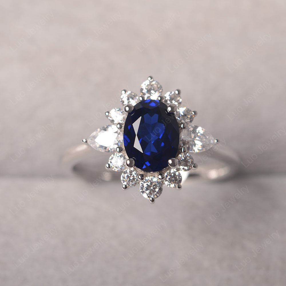 Oval Cut Lab Sapphire Ring With Pear Side Stone - LUO Jewelry