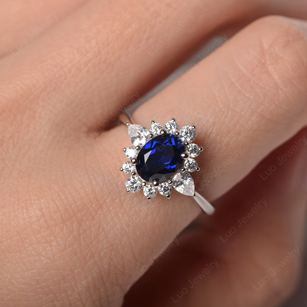 Oval Cut Lab Sapphire Ring With Pear Side Stone - LUO Jewelry