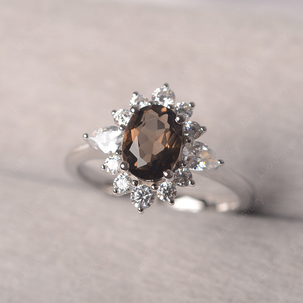 Oval Cut Smoky Quartz  Ring With Pear Side Stone - LUO Jewelry