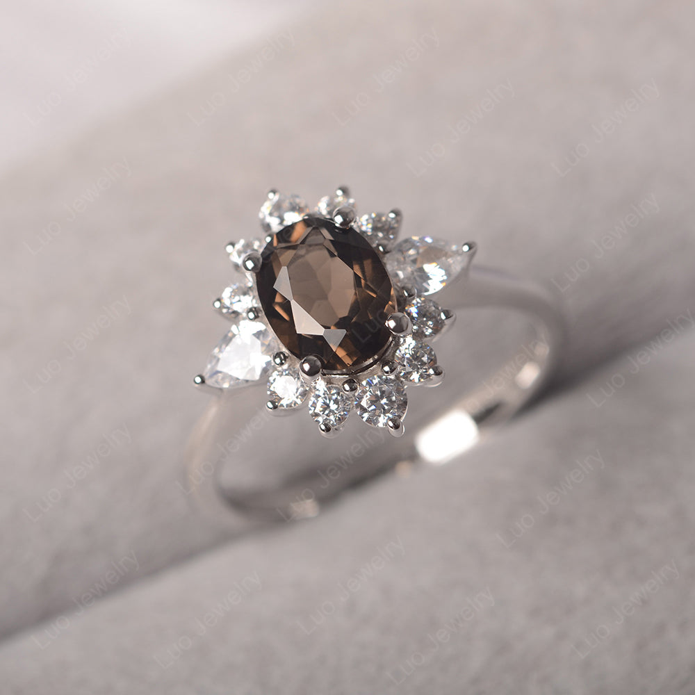 Oval Cut Smoky Quartz  Ring With Pear Side Stone - LUO Jewelry