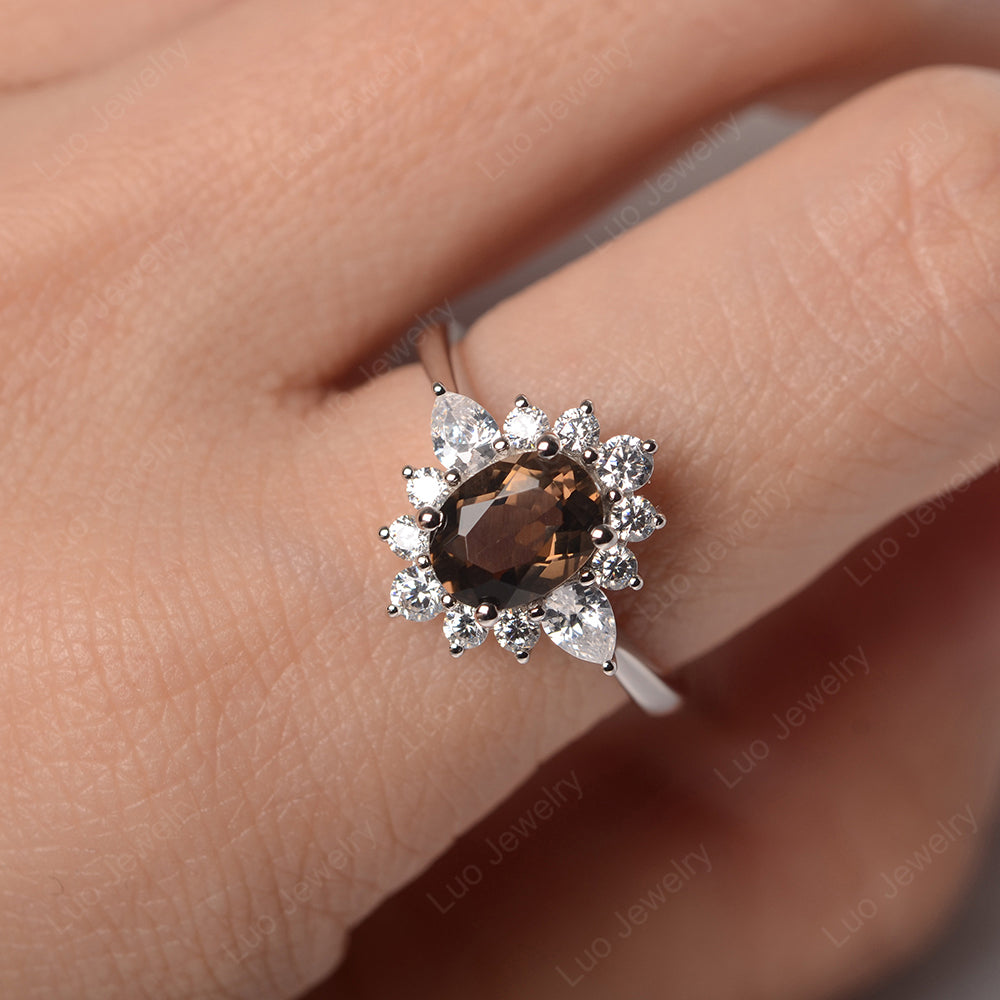 Oval Cut Smoky Quartz  Ring With Pear Side Stone - LUO Jewelry