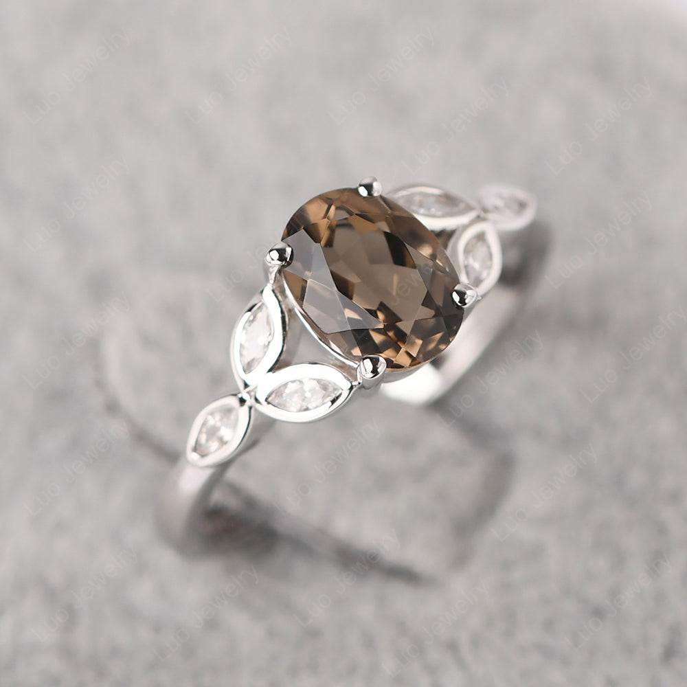 Smoky Quartz  Vintage Oval Engagement Rings Silver - LUO Jewelry