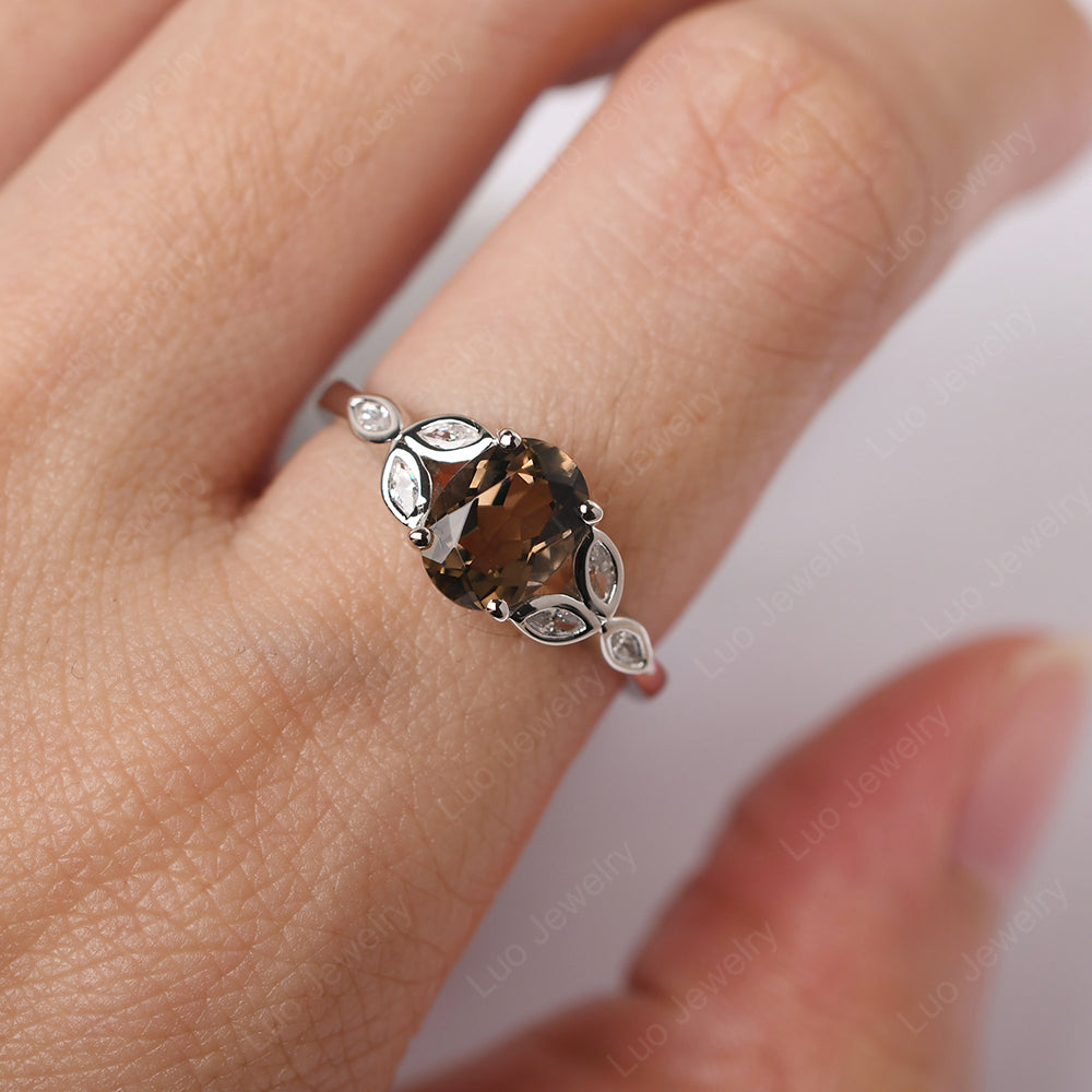 Smoky Quartz  Vintage Oval Engagement Rings Silver - LUO Jewelry