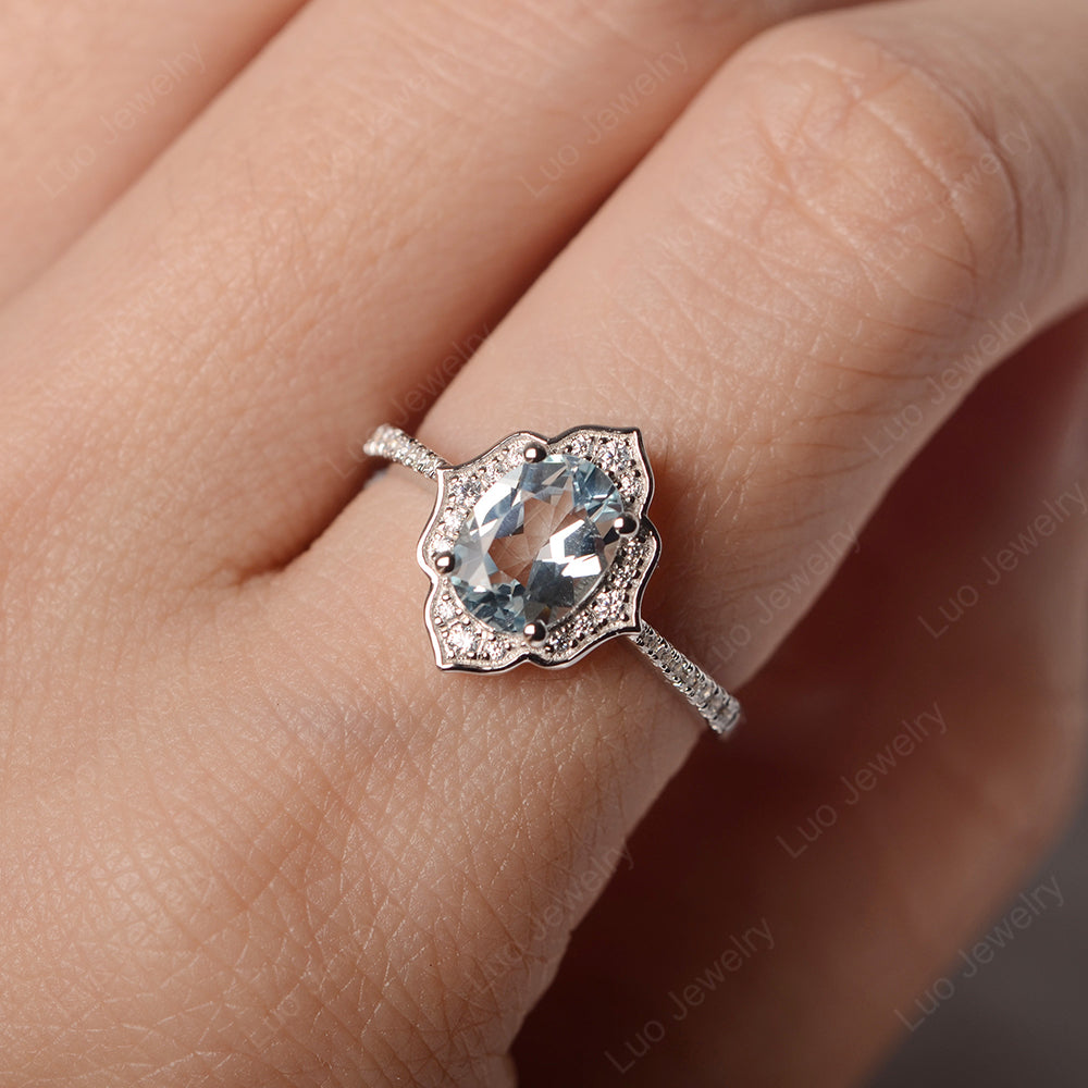 Aquamarine Vintage Oval Halo Engagement Rings - LUO Jewelry