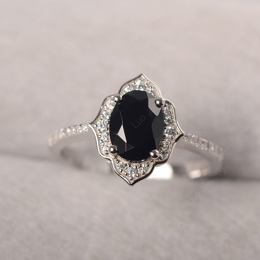 Black Stone Vintage Oval Halo Engagement Rings - LUO Jewelry