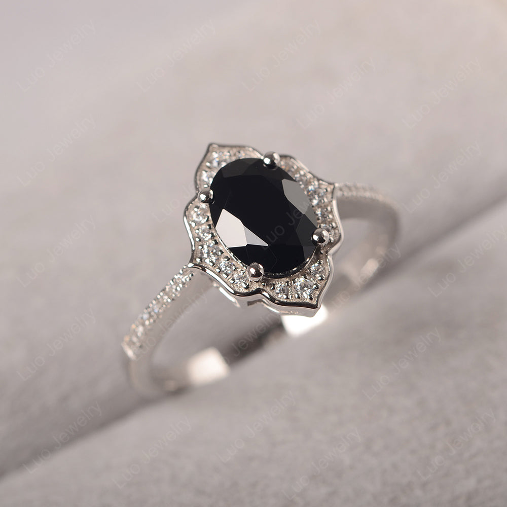 Black Stone Vintage Oval Halo Engagement Rings - LUO Jewelry