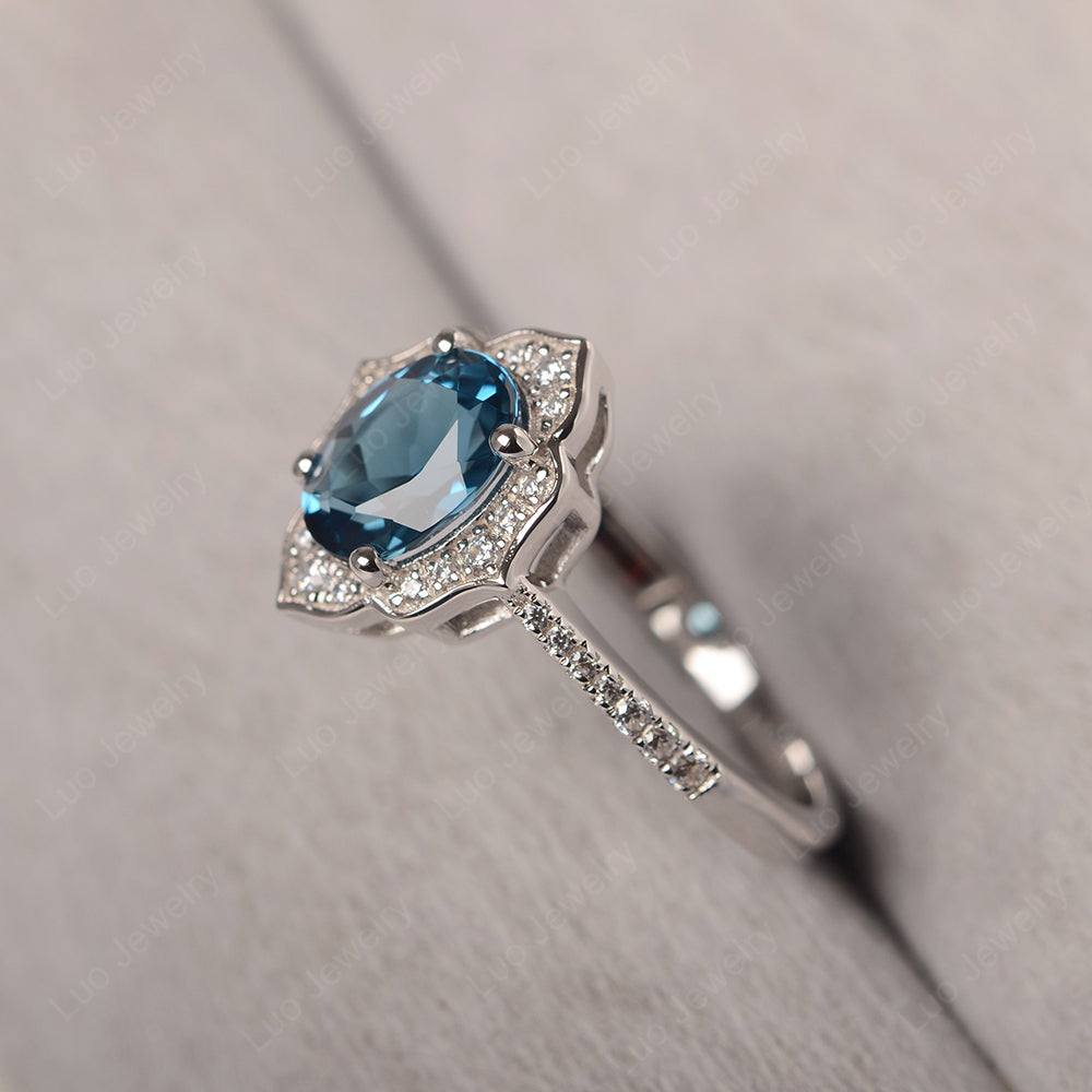 London Blue Topaz Vintage Oval Halo Engagement Rings - LUO Jewelry