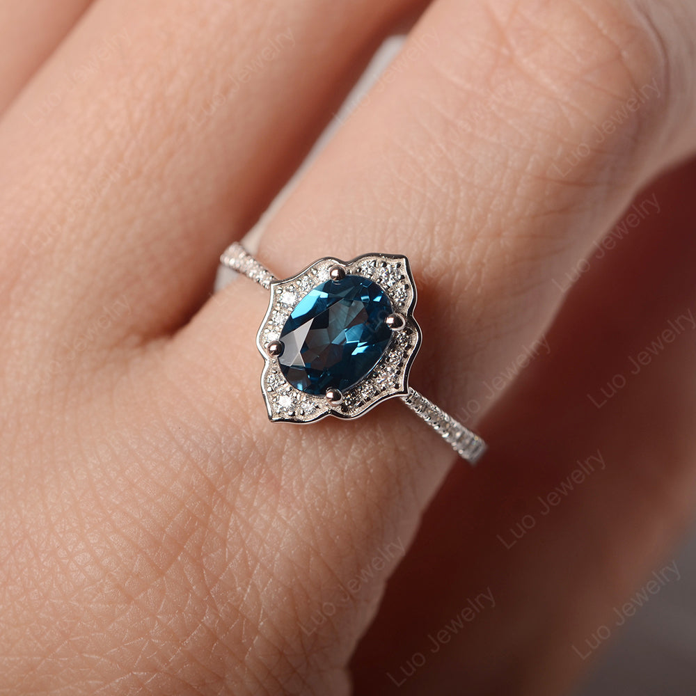 London Blue Topaz Vintage Oval Halo Engagement Rings - LUO Jewelry