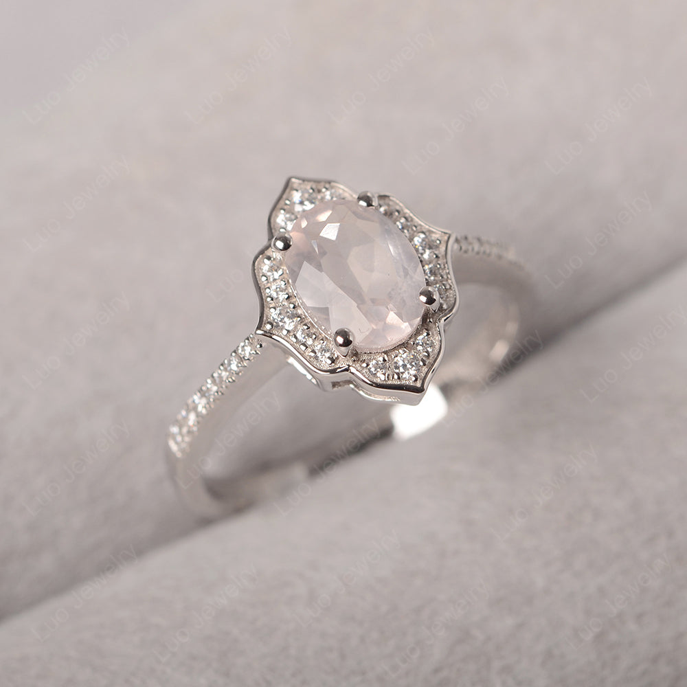 Rose Quartz Vintage Oval Halo Engagement Rings - LUO Jewelry