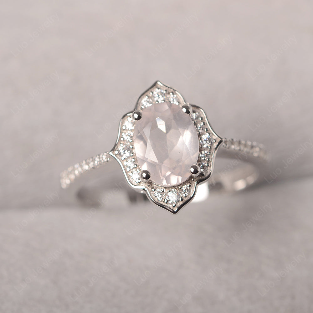 Rose Quartz Vintage Oval Halo Engagement Rings - LUO Jewelry