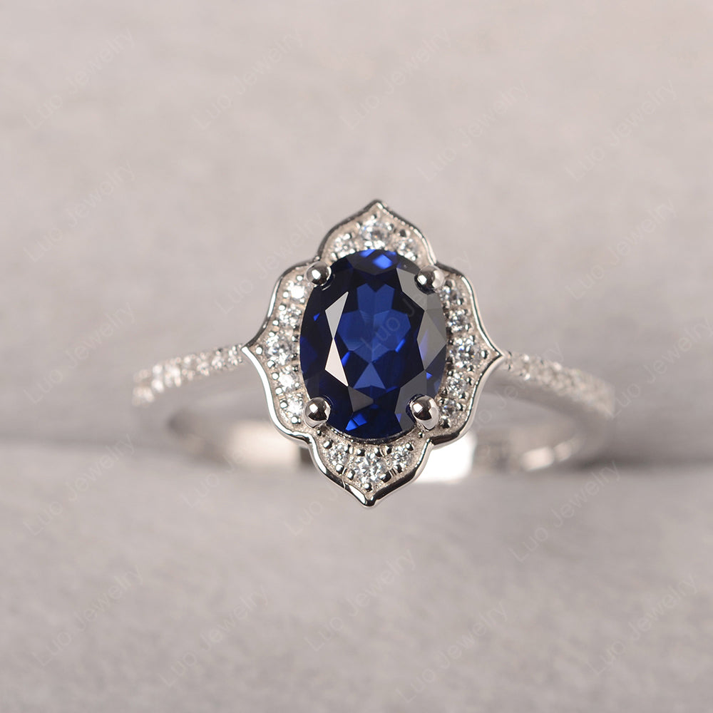 Lab Sapphire Vintage Oval Halo Engagement Rings - LUO Jewelry