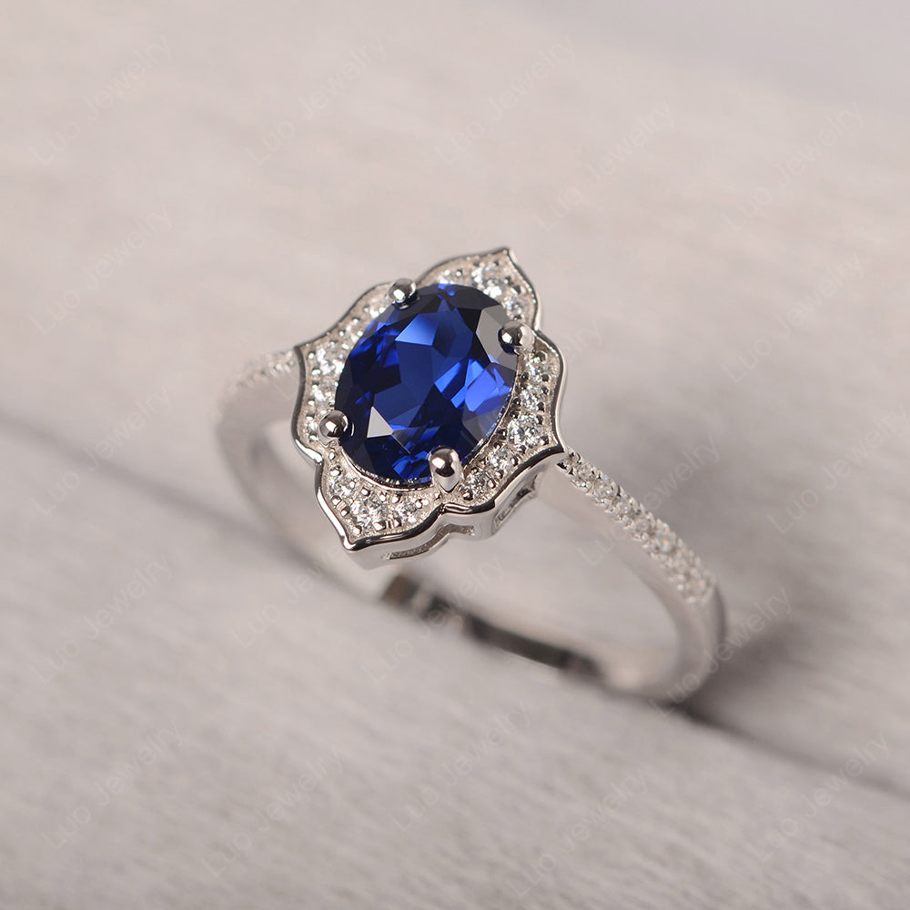 Lab Sapphire Vintage Oval Halo Engagement Rings - LUO Jewelry