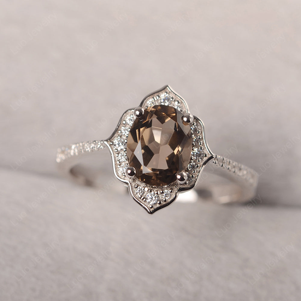 Smoky Quartz  Vintage Oval Halo Engagement Rings - LUO Jewelry