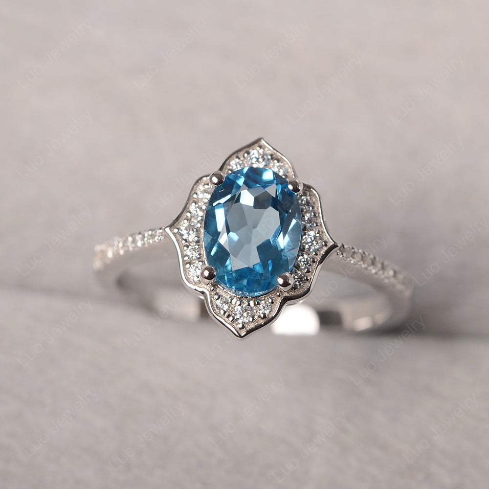 Swiss Blue Topaz Vintage Oval Halo Engagement Rings - LUO Jewelry