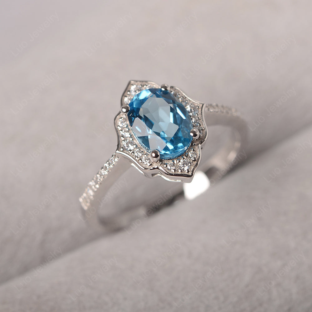 Swiss Blue Topaz Vintage Oval Halo Engagement Rings - LUO Jewelry