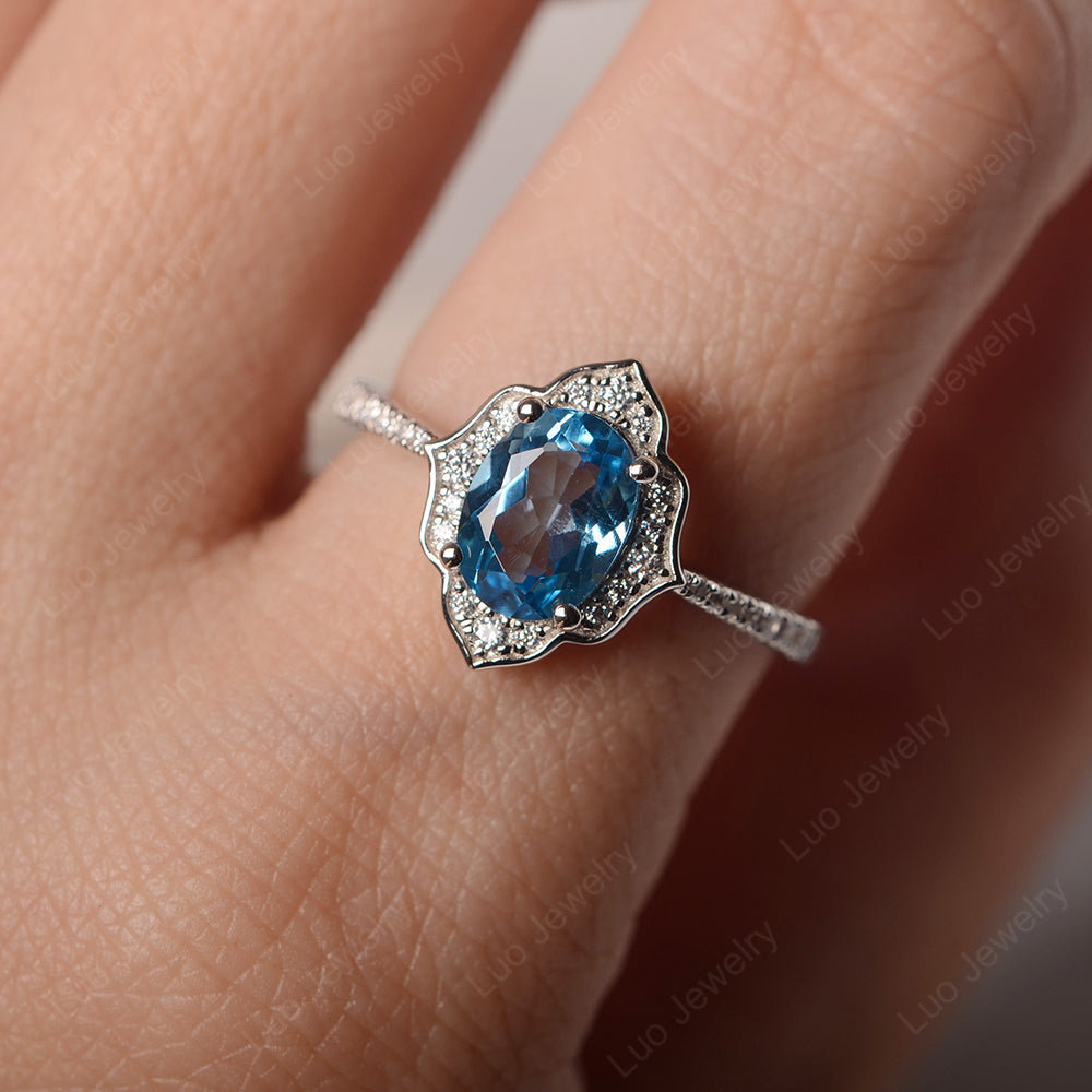 Swiss Blue Topaz Vintage Oval Halo Engagement Rings - LUO Jewelry