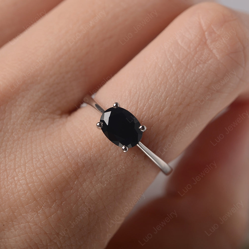 Black Stone Horizontal Oval Solitaire Engagement Rings - LUO Jewelry