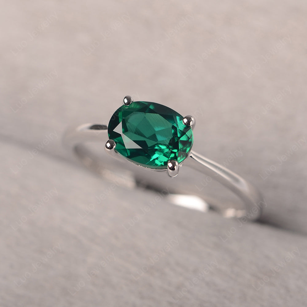 Lab Emerald Horizontal Oval Solitaire Engagement Rings - LUO Jewelry