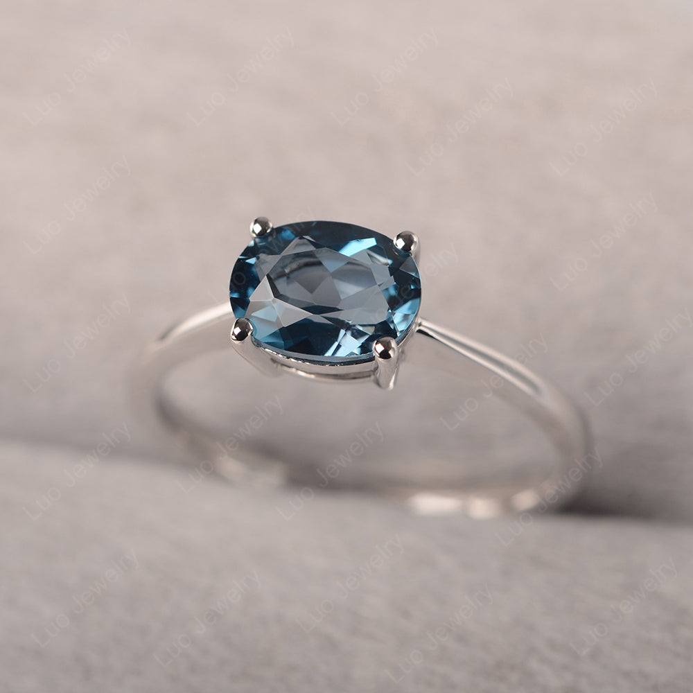 London Blue Topaz Horizontal Oval Solitaire Engagement Rings - LUO Jewelry