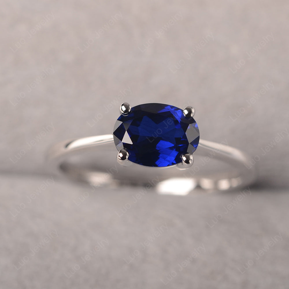 Lab Sapphire Horizontal Oval Solitaire Engagement Rings - LUO Jewelry