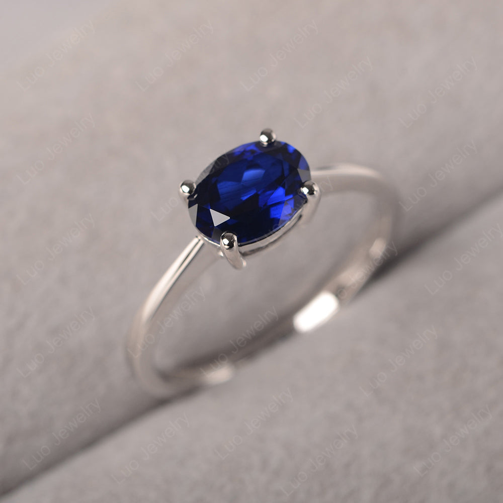 Lab Sapphire Horizontal Oval Solitaire Engagement Rings - LUO Jewelry