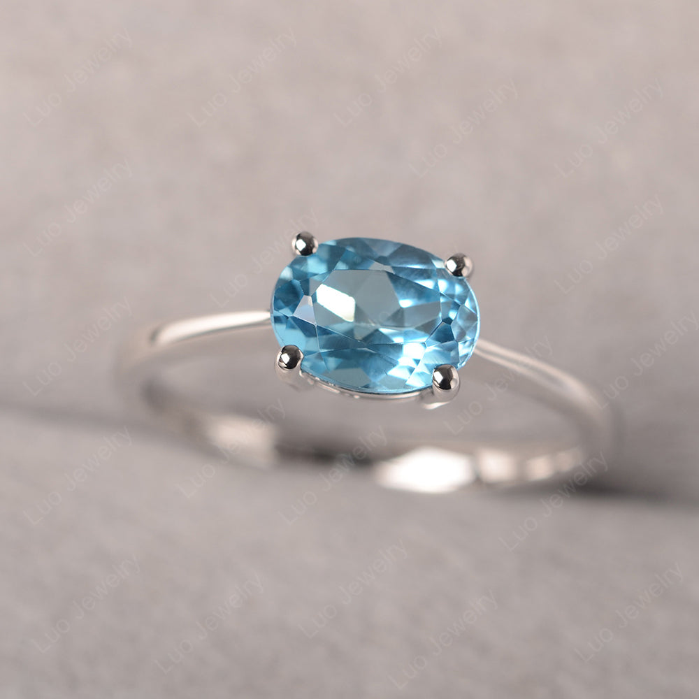 Swiss Blue Topaz Horizontal Oval Solitaire Engagement Rings - LUO Jewelry