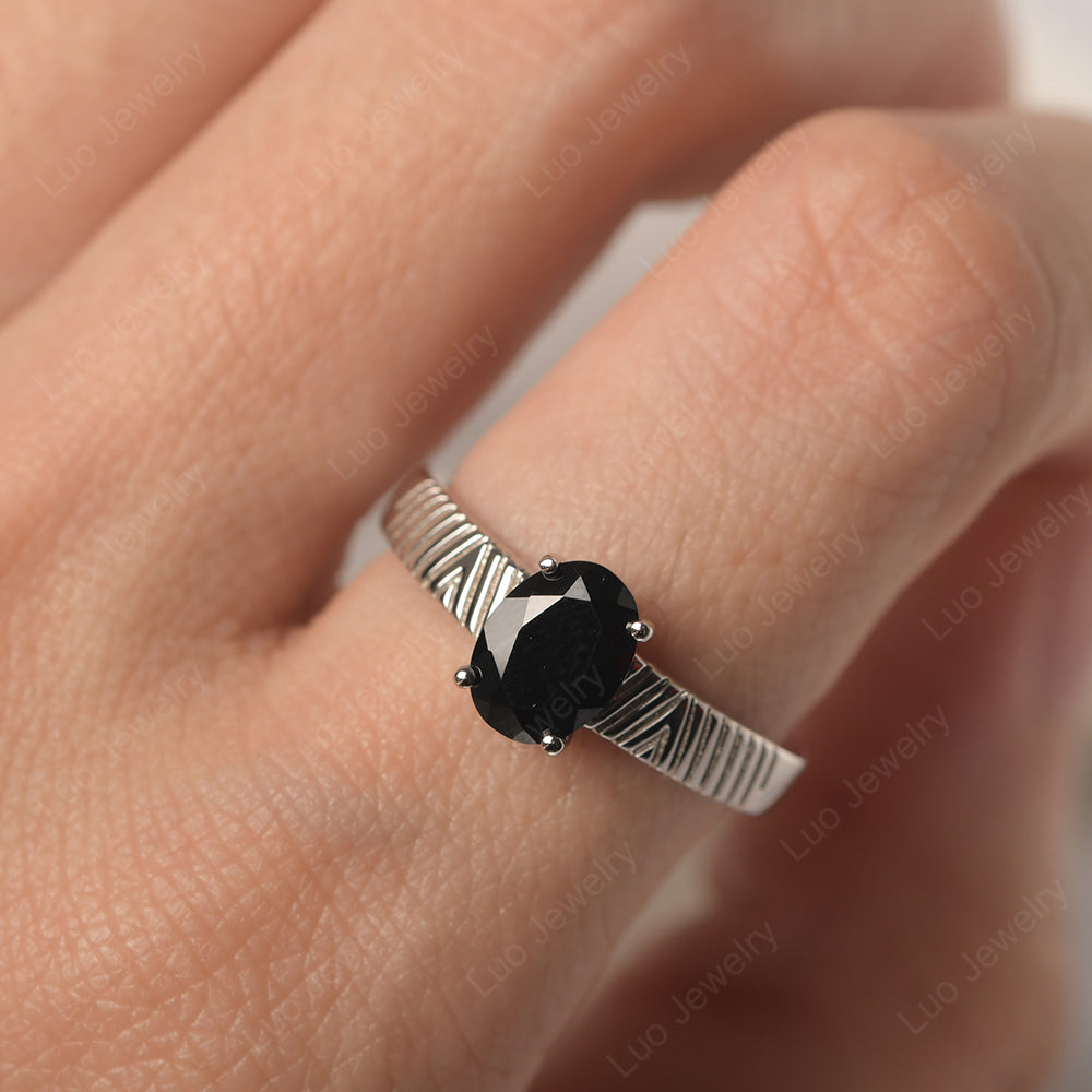 Oval Black Stone Wide Band Engagement Ring - LUO Jewelry