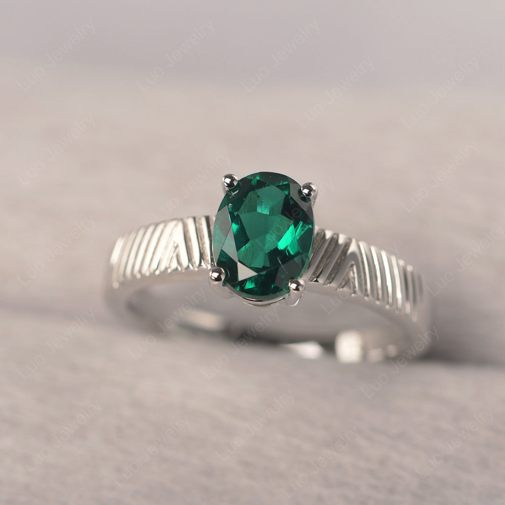 Oval Lab Emerald Wide Band Engagement Ring - LUO Jewelry