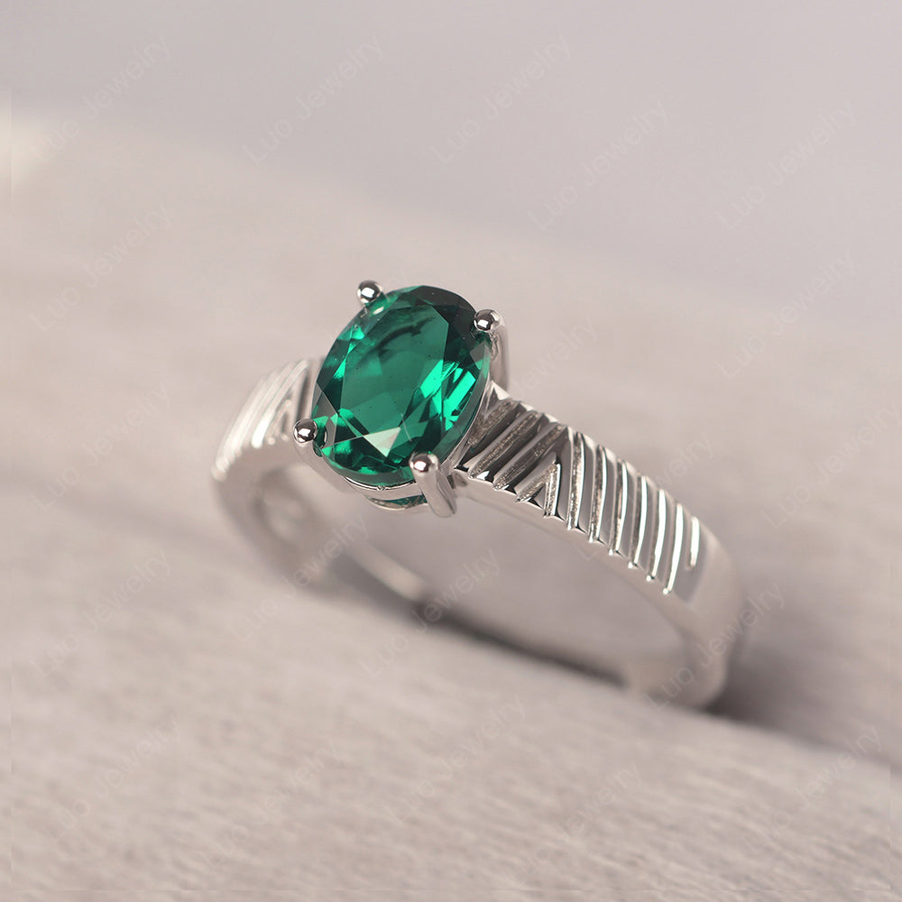 Oval Lab Emerald Wide Band Engagement Ring - LUO Jewelry