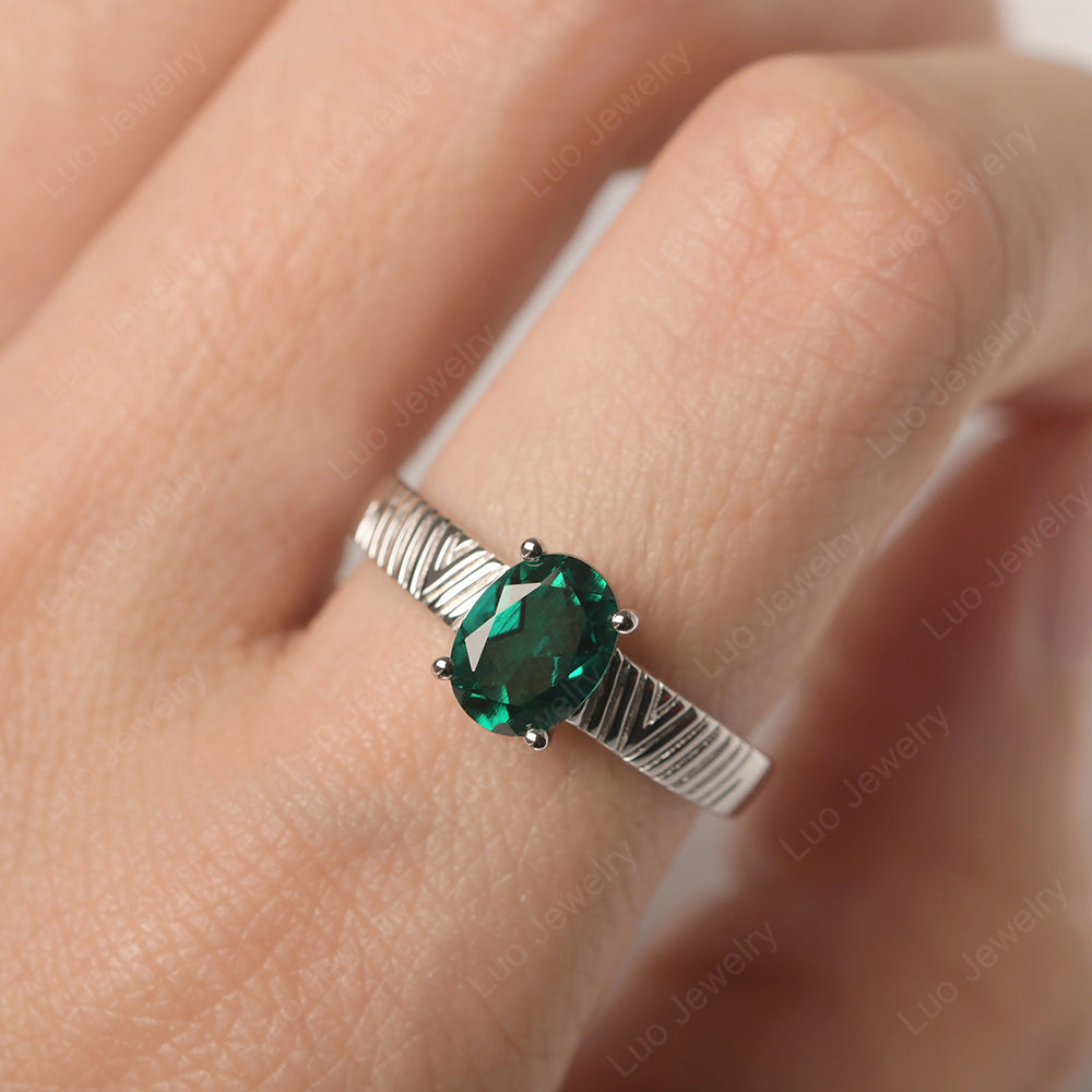 Oval Lab Emerald Wide Band Engagement Ring - LUO Jewelry