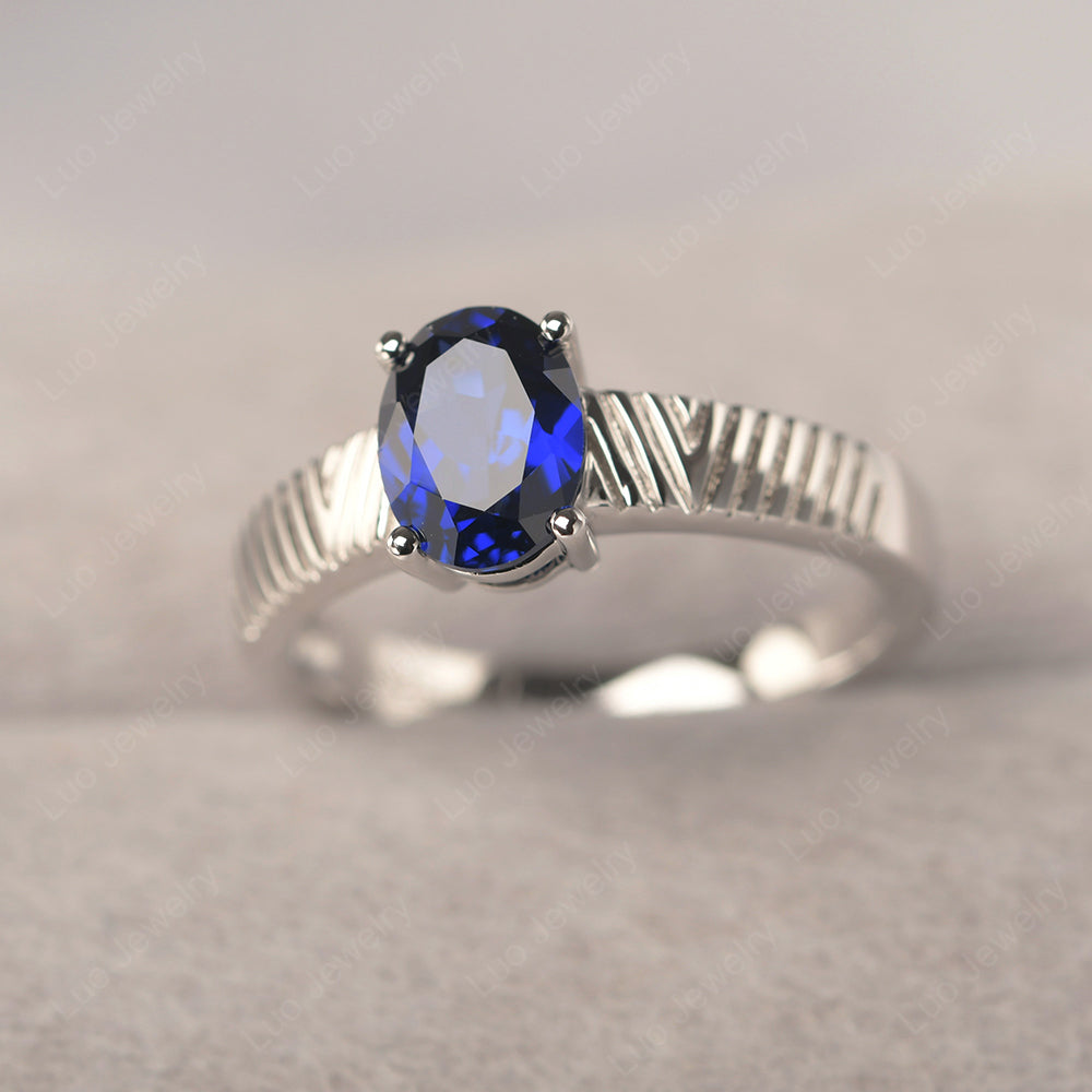 Oval Lab Sapphire Wide Band Engagement Ring - LUO Jewelry