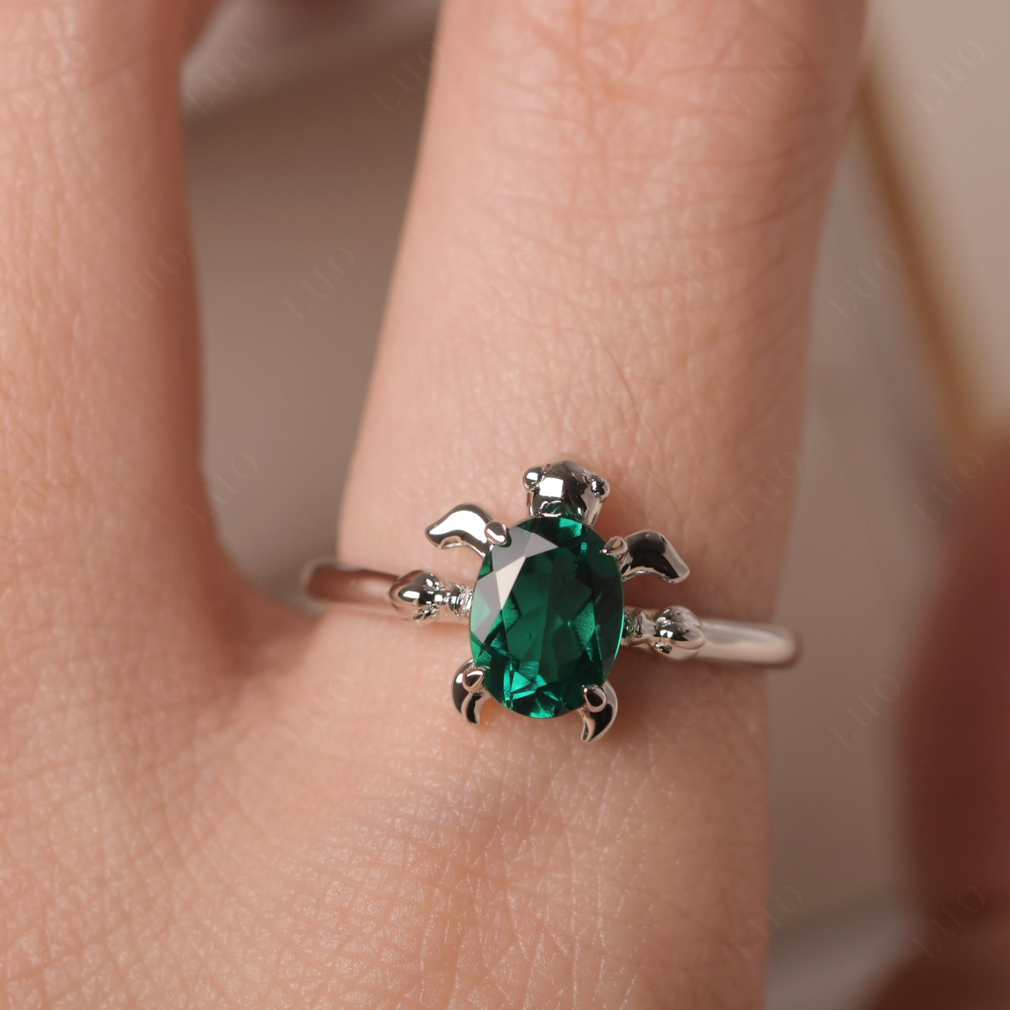 Oval Cut Lab Emerald Turtle Ring - LUO Jewelry