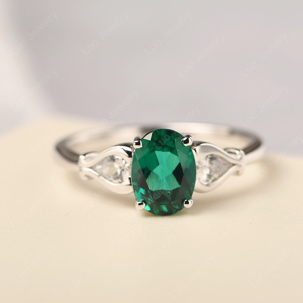 Vintage Lab Emerald Ring With Pear Side Stones - LUO Jewelry