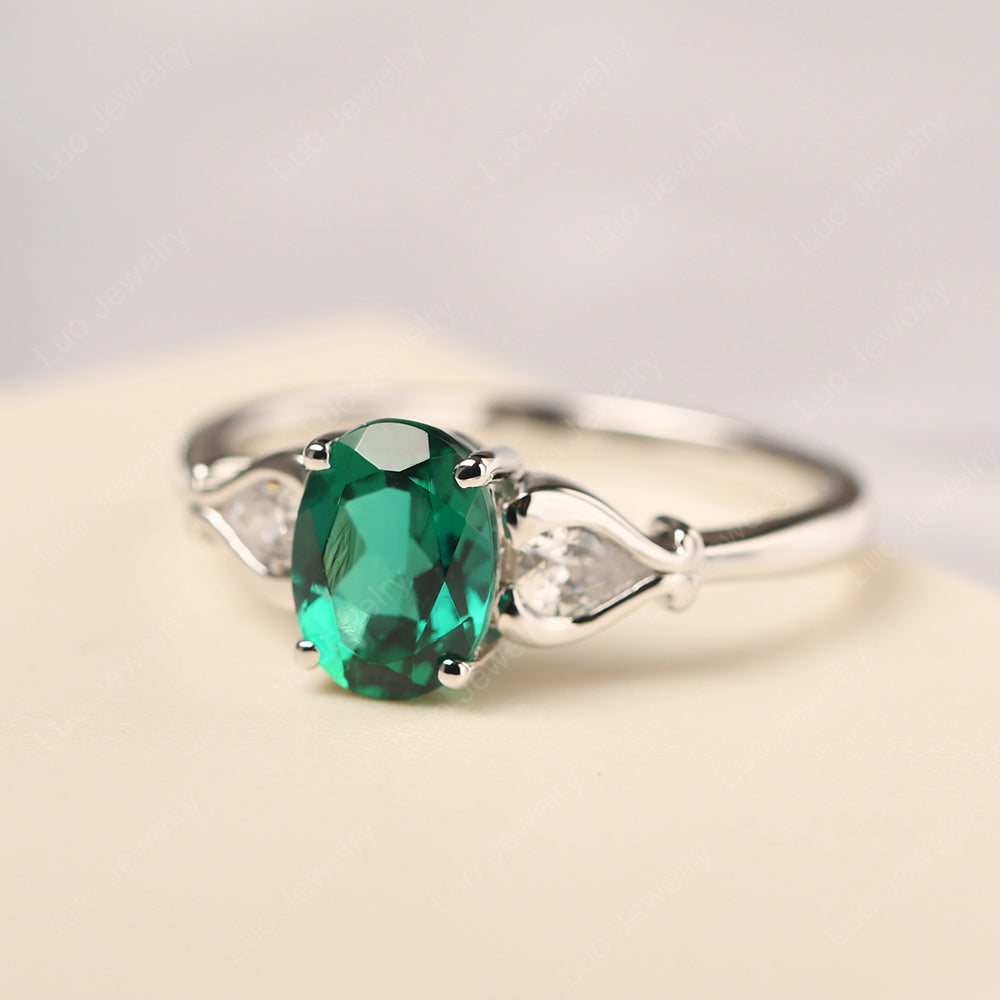 Vintage Lab Emerald Ring With Pear Side Stones - LUO Jewelry