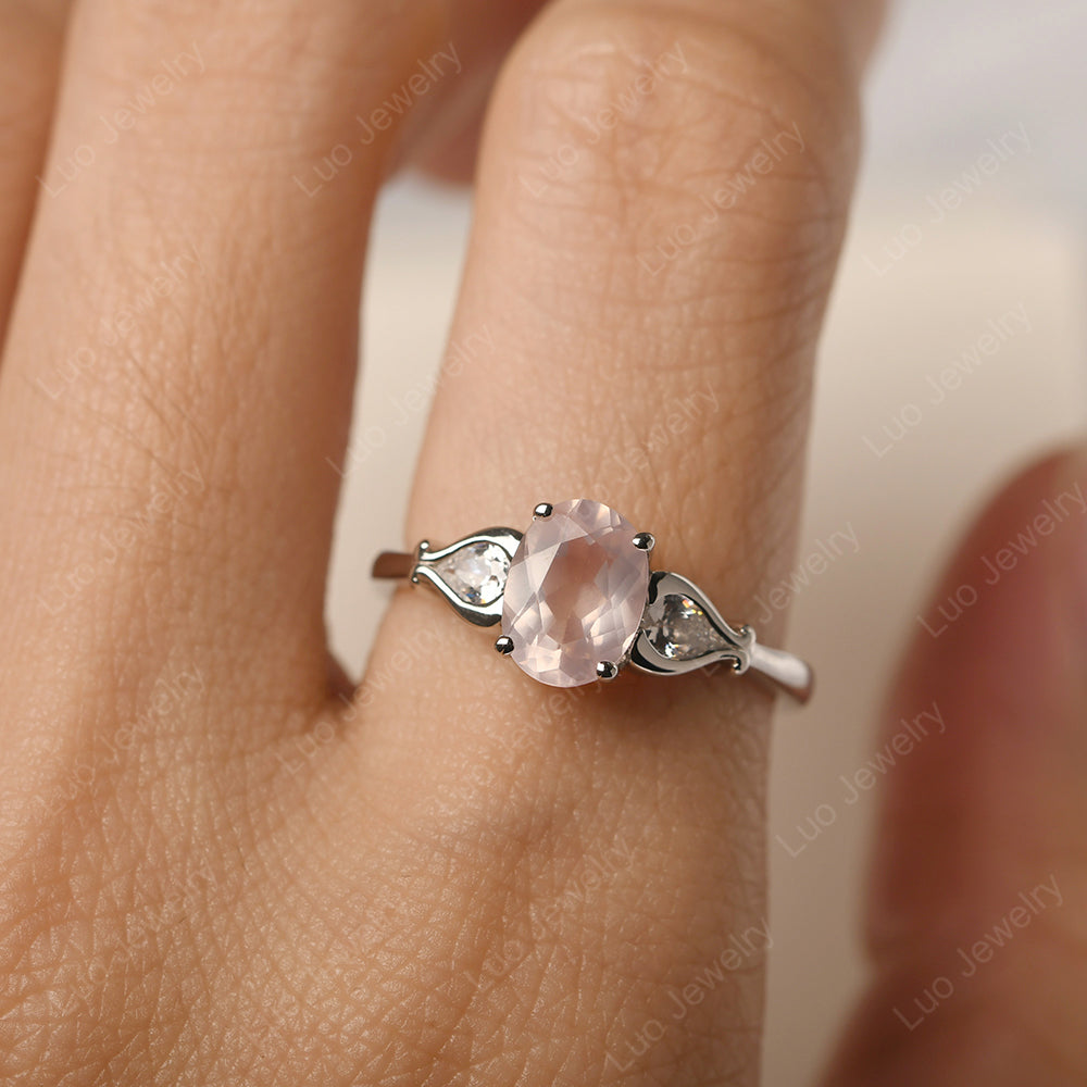 Vintage Rose Quartz Ring With Pear Side Stones - LUO Jewelry