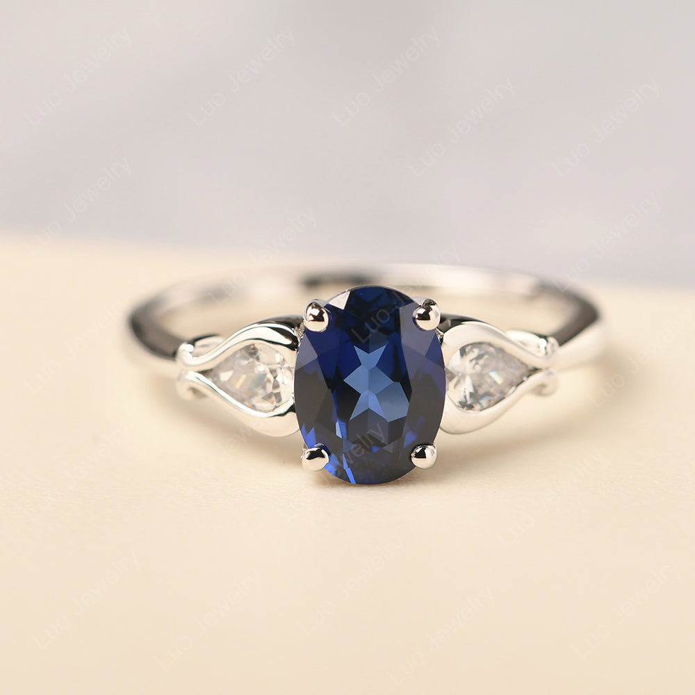 Vintage Lab Sapphire Ring With Pear Side Stones - LUO Jewelry