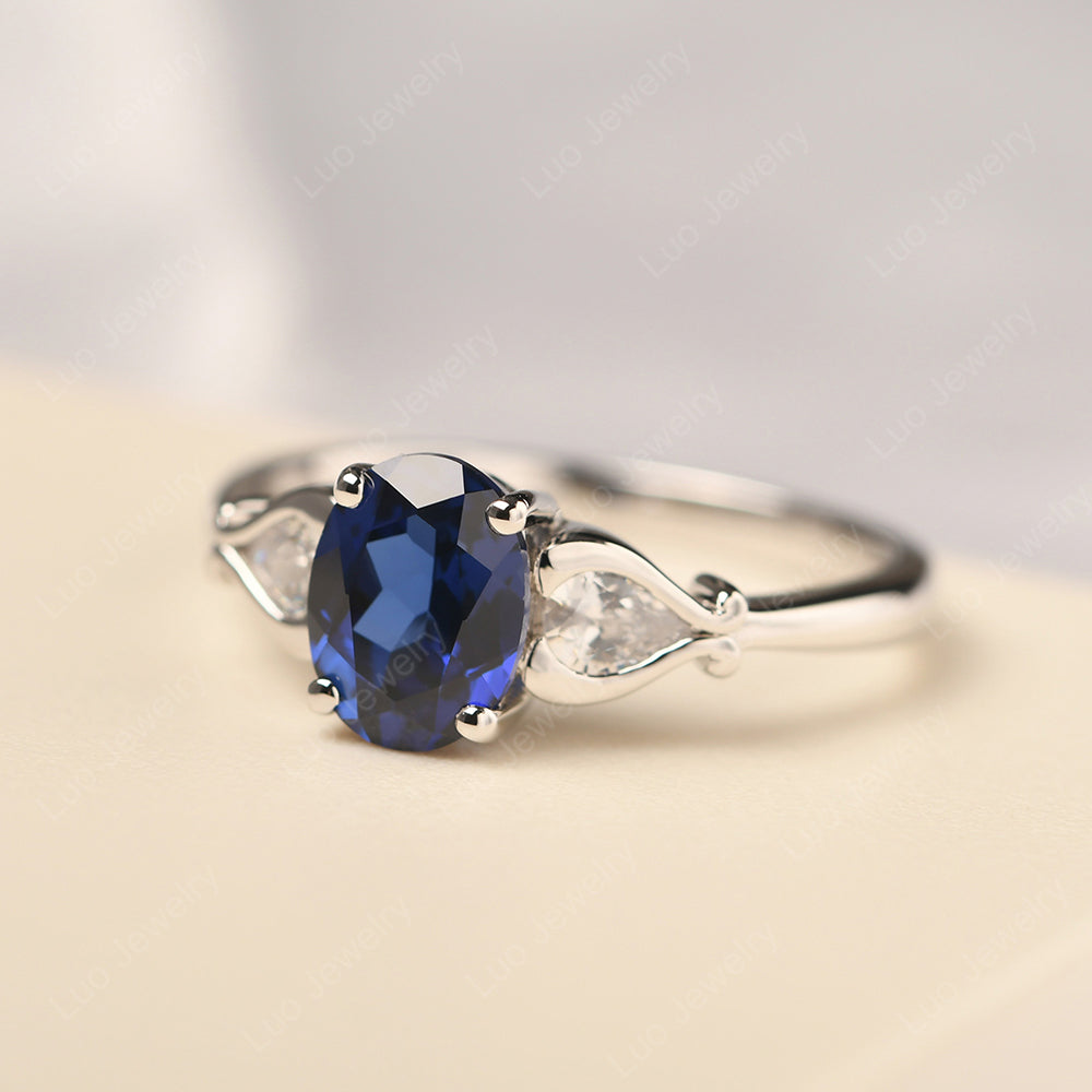 Vintage Lab Sapphire Ring With Pear Side Stones - LUO Jewelry