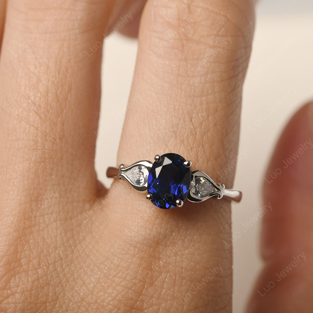 Vintage Lab Sapphire Ring With Pear Side Stones - LUO Jewelry