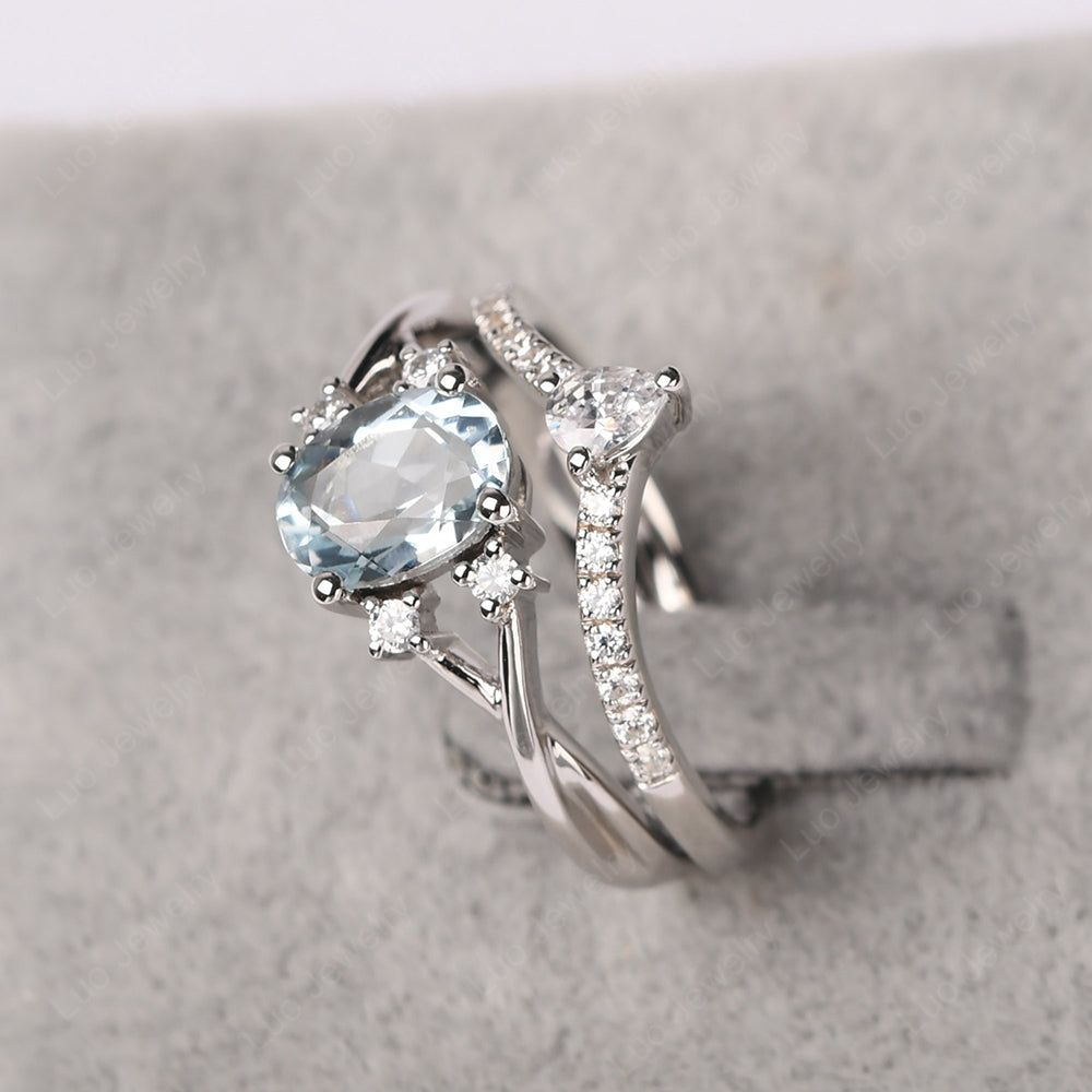 Split Shank Aquamarine Ring With Wedding Band - LUO Jewelry