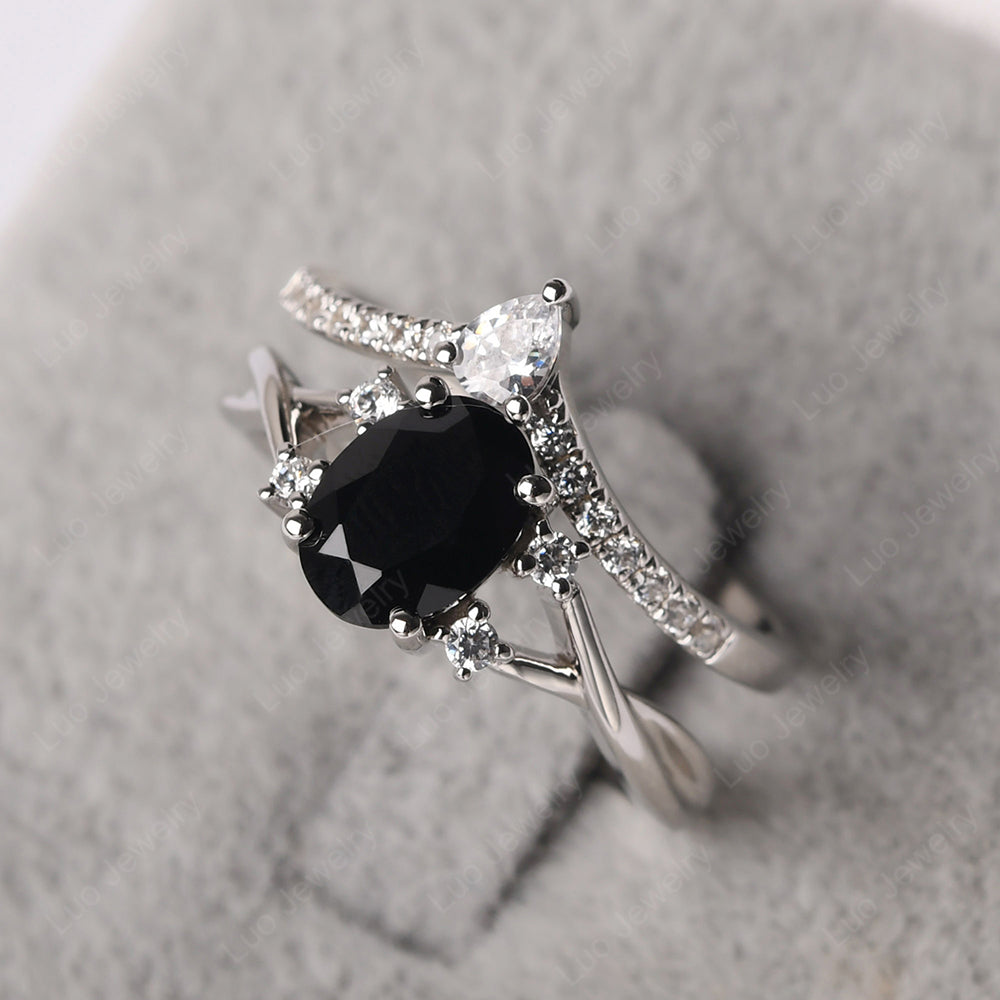 Split Shank Black Spinel Ring With Wedding Band - LUO Jewelry