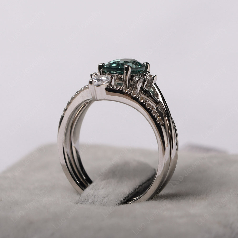 Split Shank Green Sapphire Ring With Wedding Band - LUO Jewelry