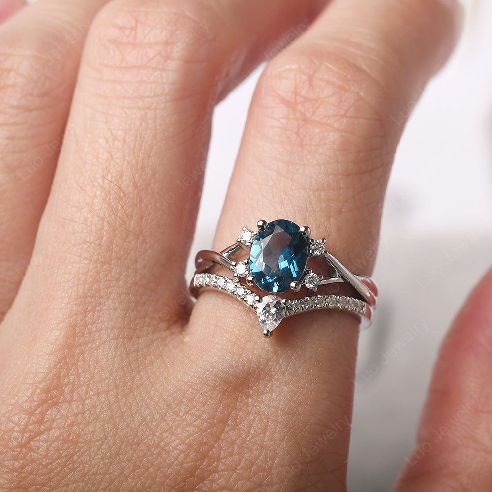 Split Shank London Blue Topaz Ring With Wedding Band - LUO Jewelry